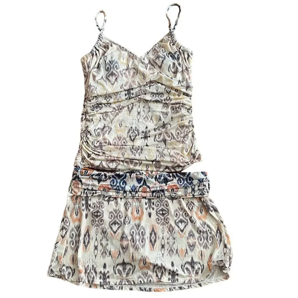 Garnet Hill Multicolor Ikat Print Ruched Takini Top Swim Skort Set Size 8/10